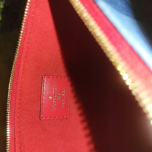 LOUIS VUITTON Denim Damier Monogram Patchwork Neverfull MM Pochette Blue Rouge - Picture 8 of 10